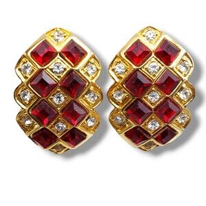 Vintage Gold Tone Clear Red Checkered Clip On Earrings